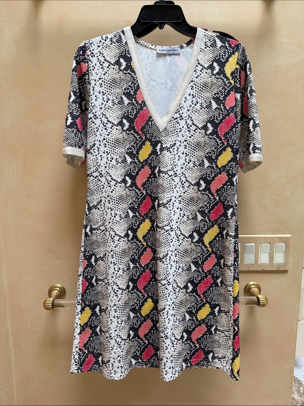 V-neck Snake Print Shift Dress with Pink & Yellow Accents